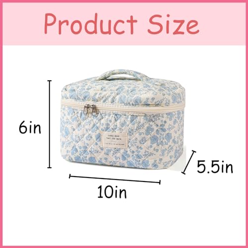 uekeboag Large Travel Quilted Makeup Bag for Women, Floral Cotton Cosmetic Bag, Coquette Aesthetic Floral Toiletry Organizer Bag (01Lithtblue-flower)