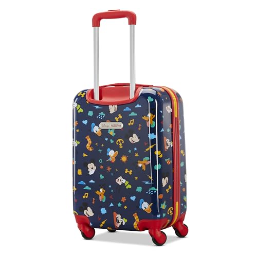 American Tourister Mickey Mouse Carry-On Luggage - Airline Approved, Durable Hardshell with Micky, Donald Duck, Pluto & Goofy - Roll Confidentially with Spinner Wheels & Colorful Adjustable Handle