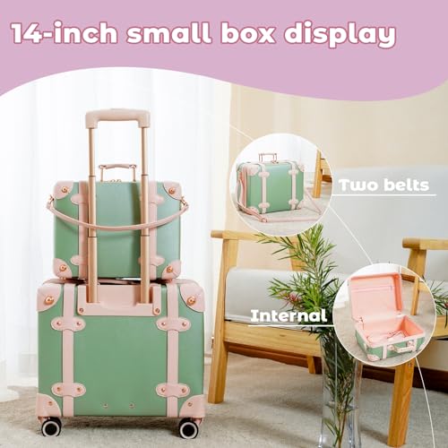 Miss.Box Vintage Carry On Luggage Set with Wheels for Women, Retro Trunk Style PU Leather Suitcase with Matching Vanity Case, 14” & 18” Set