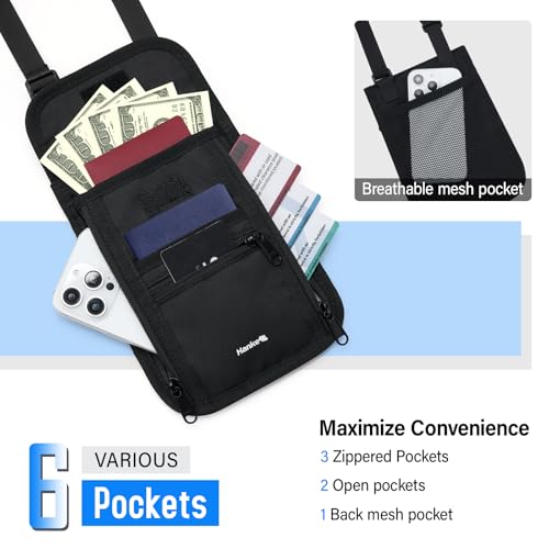 Hanke Passport Holder, Travel Wallet for Womens and Men, Neck Wallet Hidden Passport Pouch for Travel Adjustable Lightweight Thin with 6 compartments (Black)