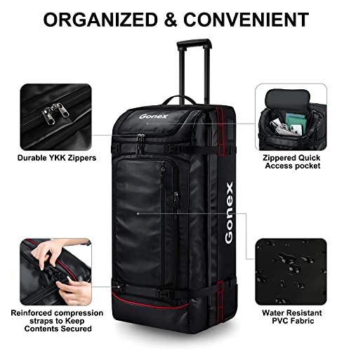 Gonex Rolling Duffle Bag with Wheels, 100L Water Repellent Large Wheeled Travel Duffel Luggage with Rollers 33 inch, Black