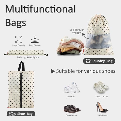 U+U 5 Set Packing Cubes for Travel Essentials Ultralight Luggage Packing Organizers with Laundry Bag and Shoe Bag for Vacation, Business Trip and Camping (Polka Dot)