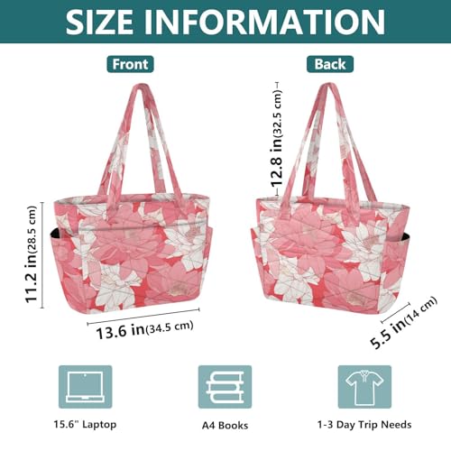 tplaotee Tote Pool Bag Everyday Shoulder Bag for Travel & Beach Weekend Getaway with Pockets Peach Water Lily Flower Bloom