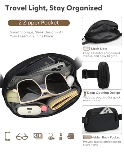 Pritent Fanny Packs for Women Cross Body Bag Waterproof Belt Bag with Adjustable Strap and Zipper Back Pocket Small Crossbody Bags Fashion Waist Packs for Workout Travelling(Black)