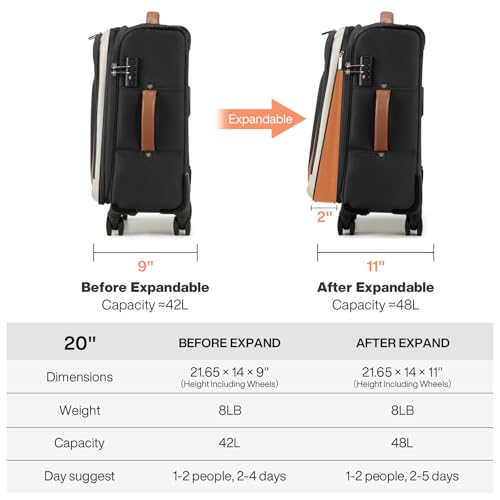 mixi Carry On Luggage 20 Inch Softside Expandable Suitcase with Front Pocket, 22x14x9 Airline Approved Rolling Lightweight Travel Suitcases with Wheels & TSA (Black-Off White)
