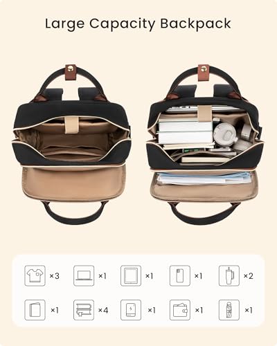 LOVEVOOK Laptop Backpack for Women with Giant Tumbler Holder Pocket, 15.6 inch Travel Work Backpack Purse for Teacher Nurse, Waterproof College Book Bag Cute Casual Daypack, Beige-Black-Brown
