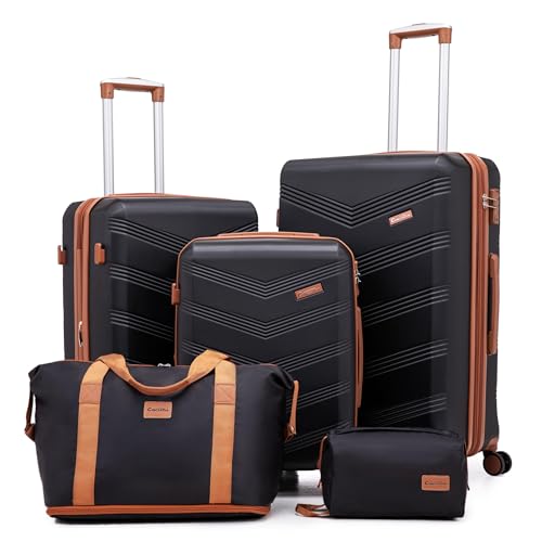CONCEPTEN Expandable Hardshell Luggage Set 5 Piece, 22x14x9 Airline Approved Carry On, 20/24/28" Suitcase Set with TSA Lock, Spinner Wheels, ABS+PC (Black)
