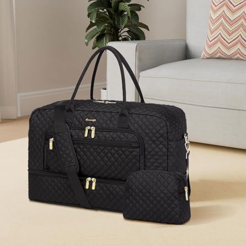 LUOCIP Large Women Travel Duffle Bag, Carry on Bag with Wet Toiletry Pocket for Overnight, Weekend, Yoga, Gym, Business Trips, Sport and Hospital, Black