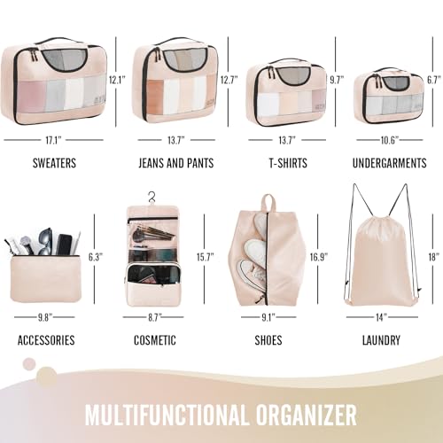Veken 8 Set Packing Cubes for Travel Essentials, Suitcase Organizer Bags in 4 Sizes, Carry-On Luggage Accessories with Laundry Bag, Airplane Must Have, Gifts for Women Men