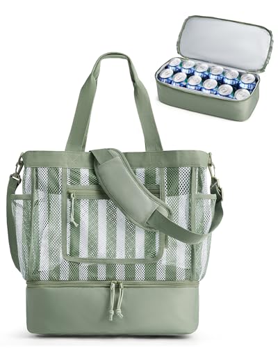 BAGSMART Beach Bag for Women, Mesh Tote Bags with Zipper, Sandproof Vacation Essentials with Cooler for Swim Cruise Pool, Green