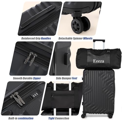 Eeeza Luggage Sets 5 Piece Suitcase with ABS Hard Shell Lightweight Combination Lock and Double Rotatable Detachable Wheels(Black,20"/24"/28"/DB/TB)