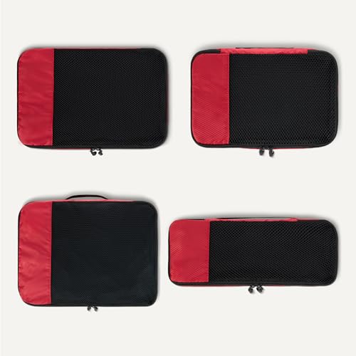 Amazon Essentials 4-Piece Packing Cubes Travel Accessories Set, Luggage Organizer, Double Zipper, Mesh Top, Space-Saving Suitcase Organizer, Small/Medium/Large/Slim, Red (Previously Amazon Basics)