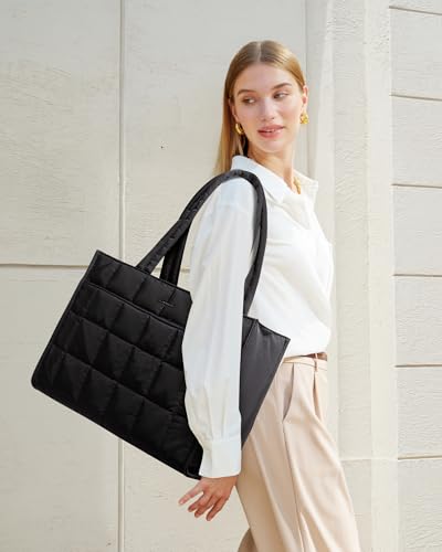 LOVEVOOK Tote Bag for Women, Puffer Work Handbag 15.6 Inch Laptop Purse for Nurse Teacher, Large Quilted Travel Tote Shoulder Bag with Zipper for College Office Clinical Gym, Black