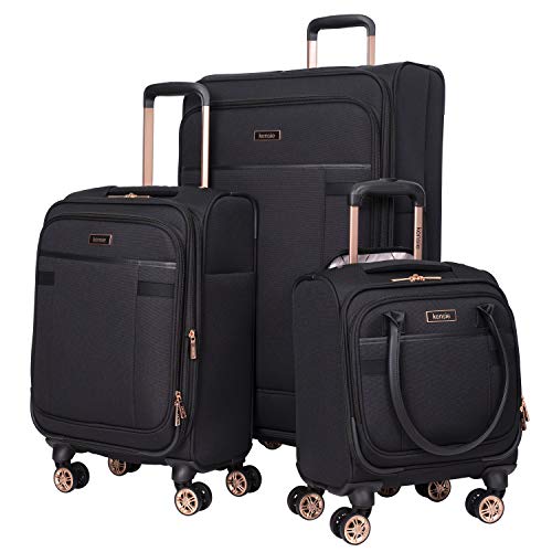 kensie Hudson Softside 3-Piece Spinner Luggage Set, Black with Rose Gold