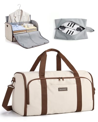 BAGSMART Garment Bag Duffle Bag for Travel Convertible 2 in 1 Suit Bag for Hanging Clothes Carry on Travel Bag with Shoes Bag,Shoulder Strap Weekender for Dresses, Coats, Shirts (White)