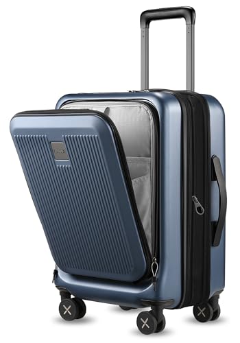 Carry on Luggage 22x14x9 Airline Approved, LTB PC Hard Shell Suitcase with Front Pocket, Expandable Luggage with USB Port (FX-Lite, Blue, 20 Inch, 37L-42L)
