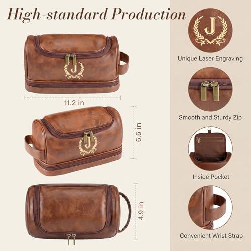 Personalized Toiletry Bag for Men, Father Day Gifts, Initial Toiletry Bag, Customized PU Leather Travel Shaving Kit Bag, Birthday Gift for Men, Him, Husband, Dad, Brother, Groomsmen, Boyfriend(J)