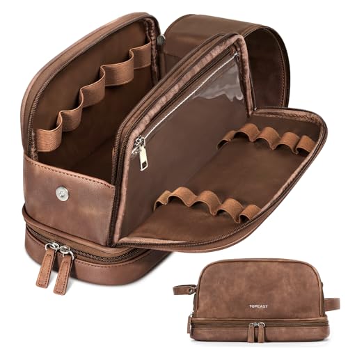 TOPEAST Toiletry Bag for Men, Large PU Leather Dopp Kit with Waterproof Wet Pocket, Double Layer Travel Toiletry Organizer with Brush Compartment, Shaving Bag with Handle, Brown