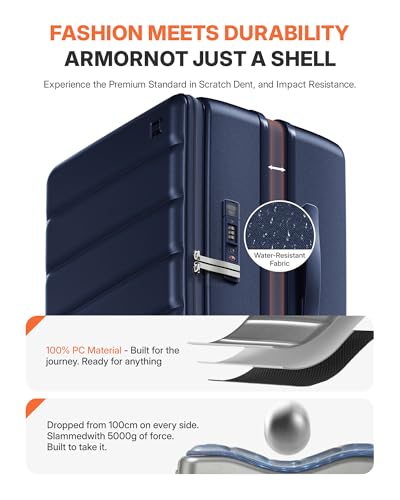 ISLAND ELEPHANT Expandable 20Inch Carry On Luggage Airline Approved - Top Opening Hardside Travel Suitcase Unbreakable -with Cup Holder,USB Charge,Side Pothook, 360°Spinner Wheels, TSA Lock-Navy Blue