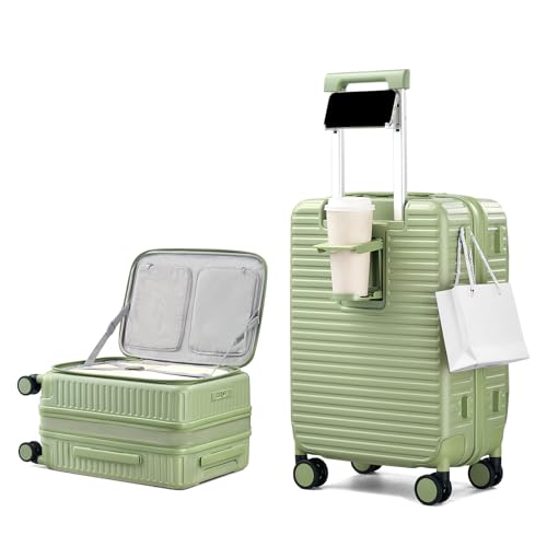 HanTrip 20 Inch Carry on Luggage 22x14x9 Airline Approved Hard Shell Suitcases with Wheels, Top Opening Expandable Carry on Luggage with Cup Holder Small Rolling Suitcase with Lock, Bamboo Green
