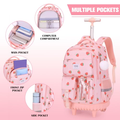 ACESAK Rolling Backpack for Girls, Roller Backpack with Lunch Bag & Pencil Pouch for Teen Girls Kids, Bookbag Backpack with Wheels for Women Elementary Middle High School Travel (Pink Strawberry)