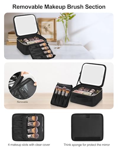 Chomeiu Makeup Bag with LED Mirror, Travel Makeup Case for Women and Makeup Artists Cosmetic Organizer Large Make Up Bags with Light Up Mirror, 3 Color Lights, Adjustable Dividers and Brush Holder