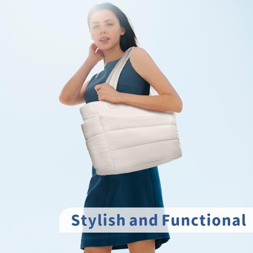 TOPDesign Puffer Tote Bag for Women, Lightweight Puffy Handbag with Compartments & Cosmetic Bag, Quilted Shoulder Bags for Work, Travel, Gym, Gifting (M Light White)