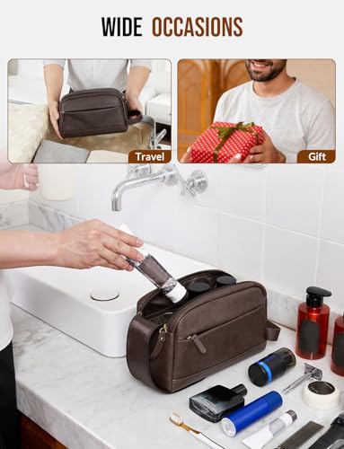 Celvetch PU Leather Toiletry Bag for Men - Water Resistant Travel Bag for Toiletries, Bathroom Essentials, Accessories - Dark Brown