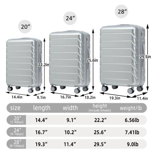 Hardside Luggage Sets, Lightweight Stripes Suitcase with Spinner Wheels, Sliver-220