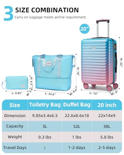 LARVENDER Carry on Luggage 22x14x9 Airline Approved, Expandable 20 Inch Hardside Suitcase with Wheels TSA Lock, PC+ABS Lightweight Carry on Suitcases for Women, Cotton Candy (20/DB/TB)