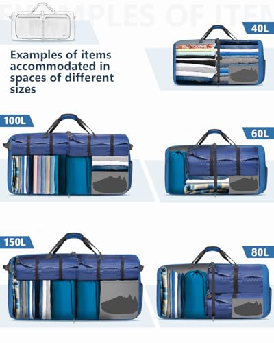 Gonex 150L Large Foldable Travel Duffle Bag with Shoes Compartment, Packable Lightweight Water Repellent Duffel Bag for Camping Gym Weekender Bag Deep Blue