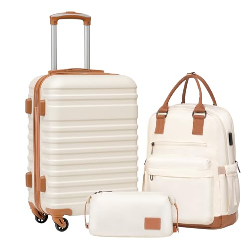 Coolife Luggage Sets Suitcase Set 3 Piece Luggage Set Carry On Hardside Luggage with TSA Lock Spinner Wheels (White, 3 piece set (BP/TB/20))