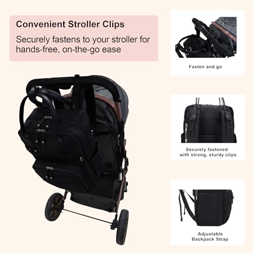 JESSIE & JAMES BeBe CCW Diaper Bag Nylon Backpack Multi Function Backpack with Changing Pad & Stroller Straps_Black/Black