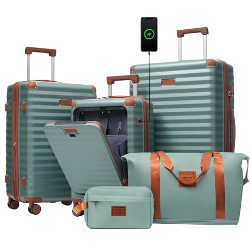 Merax 5 Piece Luggage Set Front Opening Expandable Hardside Carry On Suitcase with Double Spinner Wheels TSA Lock USB Port and Cup Holder,20" 24" 28"(Antique blue green)