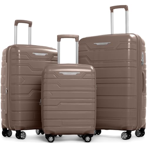 Gabbiano Unbreakable Hardshell PP Luggage Set 5 Year Warranty Extra Large with 8 Wheels Thick Shell Multi Layer PP 3 Piece Set, 22, 28, 30 Inch (Cameo Brown)