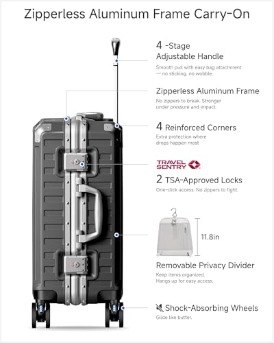 Carry On Luggage with Spinner Wheels, 8010S Aluminum Frame Zipperless Polycarbonate Hard Shell Suitcase (ZX-Core, Charcoal Metallic, 20 Inch)