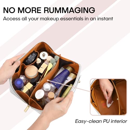 ALEXTINA Travel Makeup Bag, Large Capacity Cosmetic Bag for Women, Open Flat Make up Bag, Waterproof PU Leather Checkered Makeup Organizer Bag with Collapsible Handle,Toiletry Bag for Cosmetics, White