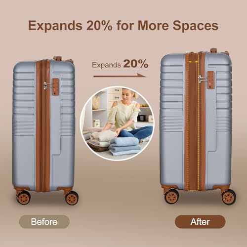 Romswi 3-Piece Expandable Luggage Set 20/24/28 Inch, Spinner Hardshell Lightweight Suitcases with TSA Lock, YKK, Checked & Carry On Luggage Set, Silver