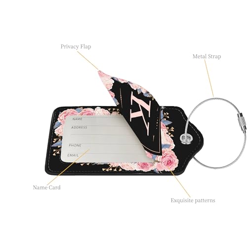 2 Pcs PU Leather Luggage Tag for Suitcases with Privacy Shield and Name ID Tag Address Card Travel Cruise Luggage Tag, Suitable for Men and Women Baggage Handbag Backpack,Flower and Monogram(Letter K