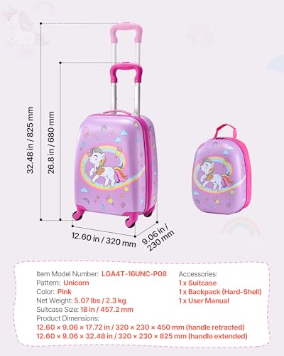 VEVOR Kids Luggage Set, 2 Piece, 18 Inch Hardside Rolling Wheels Suitcase with Hard-Shell Backpack, Unicorn Kids Carry on Luggage Set, Holiday Birthday Gift for Girls & Boys, Airline Approved