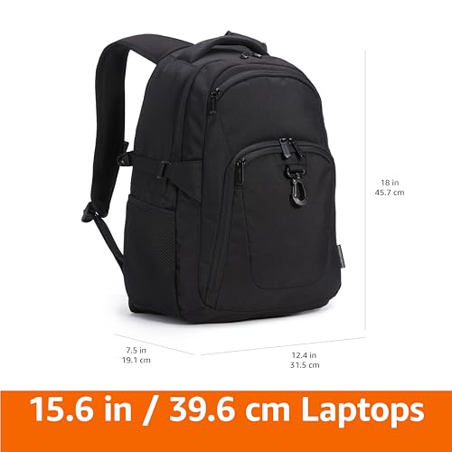 Amazon Basics Travel Laptop Backpack with Multiple Pockets and Compartments for 15.6 inch Laptop, Water Resistant, Spacious with Padded Shoulder Straps, Black