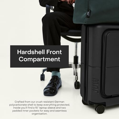 July Carry On Pro - 20" Hardshell with Front Pocket, Airline Approved Carry On Luggage with Wheels, TSA Lock Rolling Suitcase, Silent Spinner Wheels, USB Ports & Ejectable Battery - Charcoal