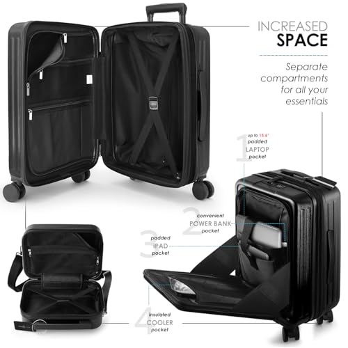 TRAVELARIM 20 Inch Carry On Luggage 22x14x9 Airline Approved, Carry On Suitcase with Wheels, Hard-shell Carry-on Luggage, Durable Luggage Carry-On, Jet Black Small Suitcase with Cosmetic Case