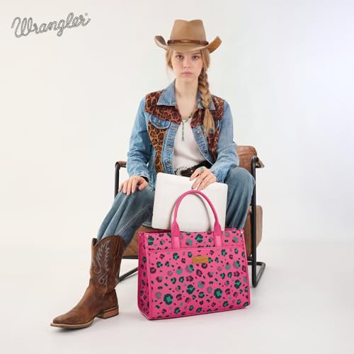 Wrangler Laptop Bag 15.6 Inch Large Tote Bag with Compartments Leopard Womens Computer Bags Briefcase Bags for Work with Detachable Guitar Strap Multi-Pocket Structured Convertible Purse WG436-8119HPK