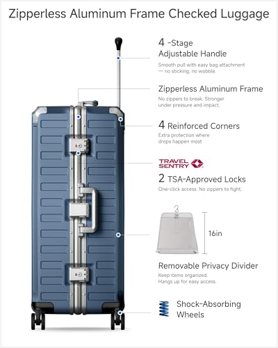 LUGGEX Checked Suitcase with Spinner Wheels, 8010S Aluminum Frame Zipperless Polycarbonate Hard Shell Suitcase (ZX-Core, Blue, 28 Inch)