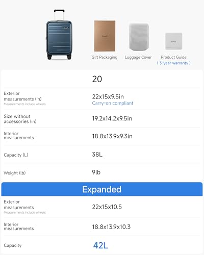 LUGGEX Carry On Luggage 22x14x9 Airline Approved, Expandable Polycarbonate Suitcase with Front Pocket (FX-Core, Blue, 20 Inch)