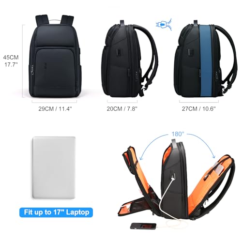 FENRUIEN 17 Inch Travel Backpack for Men, Expandable Water Resistant Computer Backpack with USB Port, Black Laptop Bag for Business/College/Work
