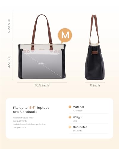 LOVEVOOK Laptop Tote Bag for Women Work, Teacher Tote Bag Nurse Bag with Large Cup Holder, 15.6 Inch Waterproof Leather Computer Bag Professional Business Office Briefcase, Black-beige-brown