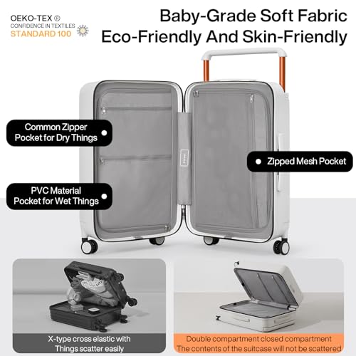 mixi Carry On Luggage Airline Approved 20'' Lightweight Luggage Wide Handle PC Hardshell Suitcases with Spinner Wheels & TSA Lock, Smoke White