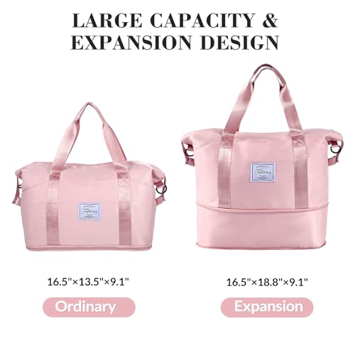 Travel Duffel Bag - Large Shoulder Weekender Overnight Bag, Carry on Bags with Wet Pocket, Waterproof Expandable Duffel Bags with Trolley Sleeve for Sports Travel Gym, Pink